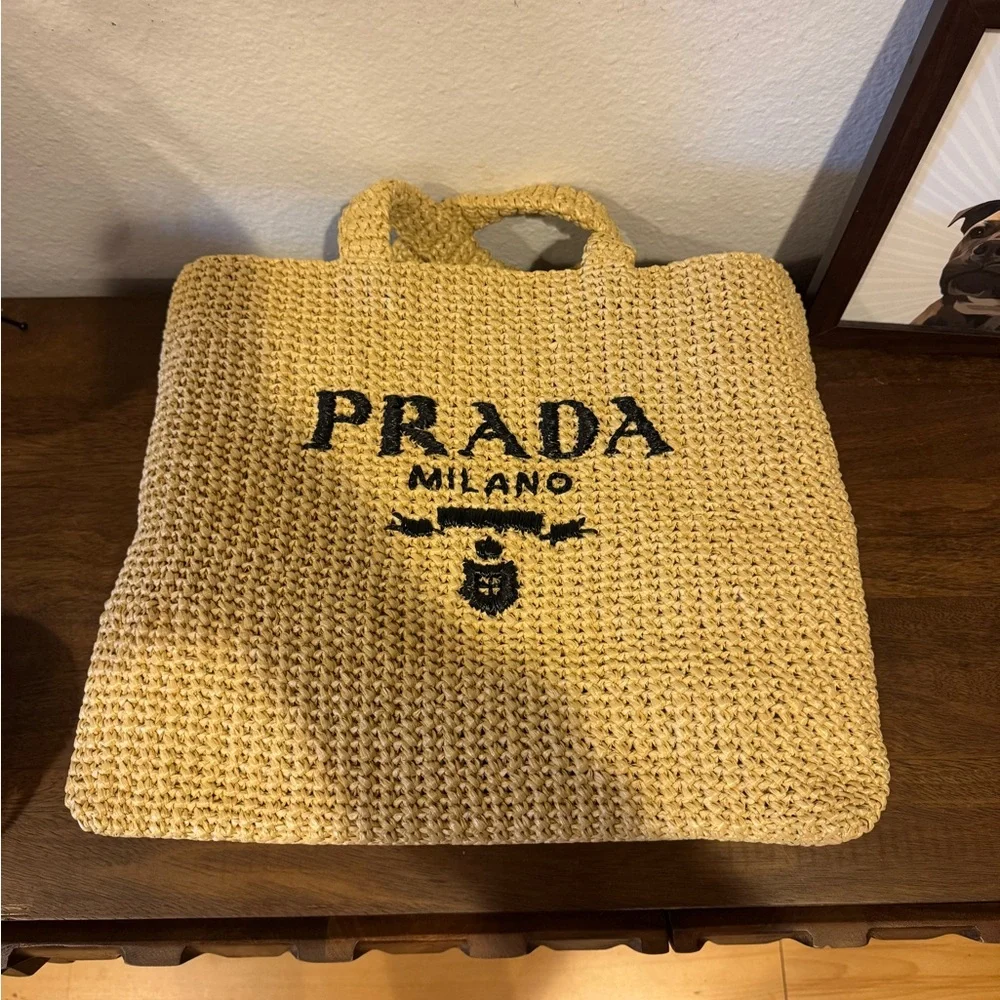 PRADA NWT Crochet Raffia Tote Bag Straw Logo Purse Natural - Picture 4 of 12